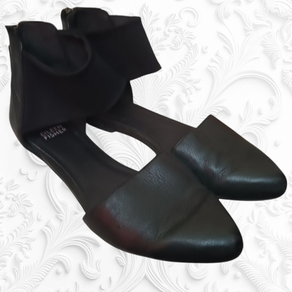 Eileen Fisher Allot Tumbled Ballet Flats Black Leather Mesh Ankle Strap 6.5